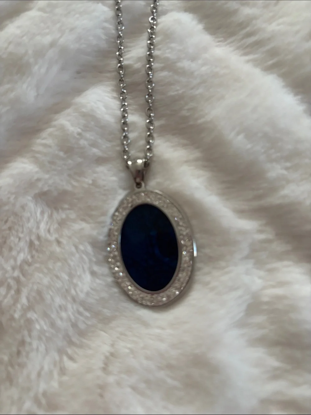 Silver Necklace with Dark Blue Oval Pendant